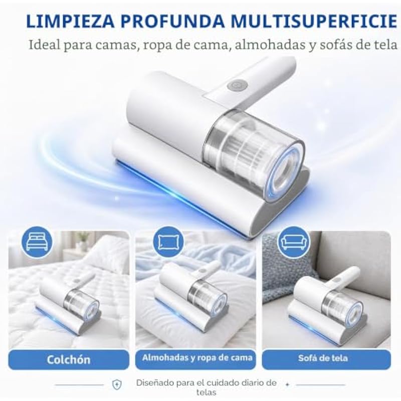 Aspirator pentru saltele si canapele, 3 in 1, alb, compact, 8000 vibratii/min, 10 kPa, 253.7nm UV-C, 99.97% filtrare, 25x15x10cm