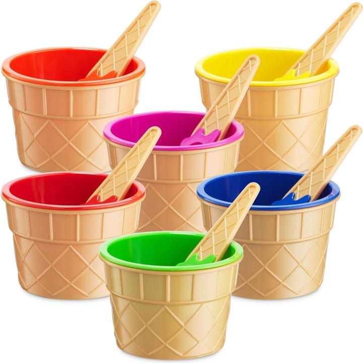 Set 6 cupe inghetata reutilizabile multicolor 9.7cm cu linguri con