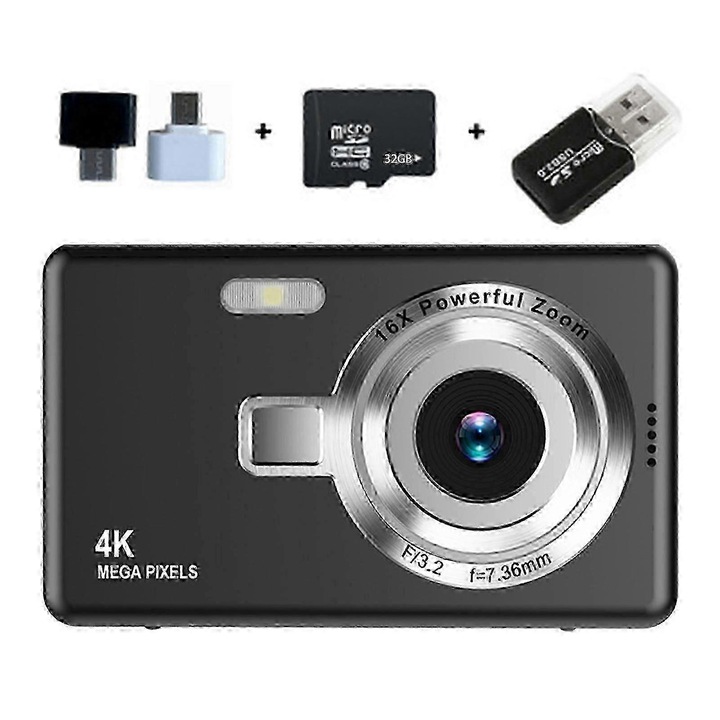 Компактна 4K цифрова камера, 16x увеличение, 2.4 инчов екран, черна, 32G