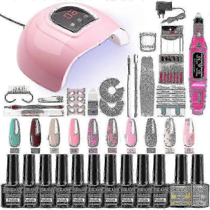 Set profesional unghii cu freza si lampa UV, alb, compact