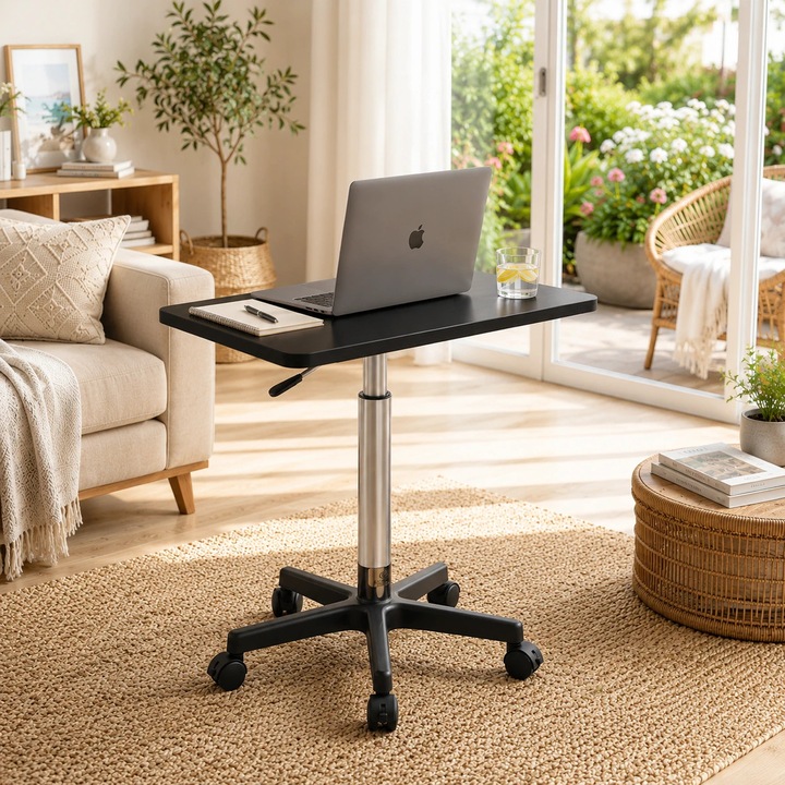 Masuta Laptop Reglabila pe inaltime cu Piston Pneumatic 60-80 cm, Blat MDF 60x40 cm, Negru - Birou Mobil Ergonomic pentru Pat, Canapea si Office