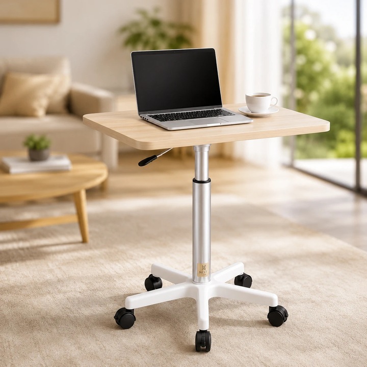 Masuta Laptop Reglabila pe inaltime cu Piston Pneumatic 60-80 cm, Blat MDF 60x40 cm, Alb - Birou Mobil Ergonomic pentru Pat, Canapea si Office
