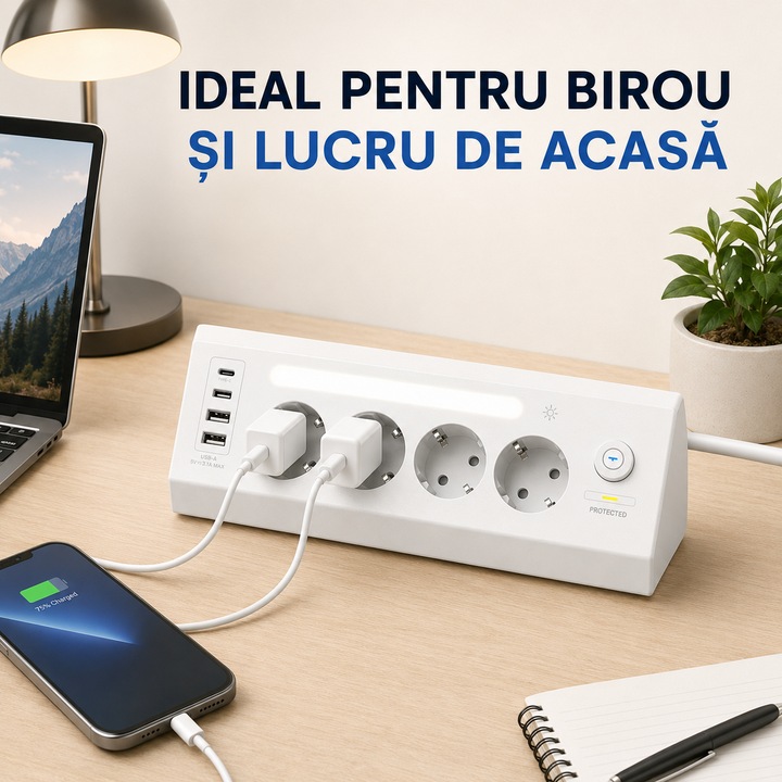 Elektromos elosztó 4 aljzattal, USB és Type-C portokkal, 2500W, biztonsági védelemmel, otthoni és irodai használatra