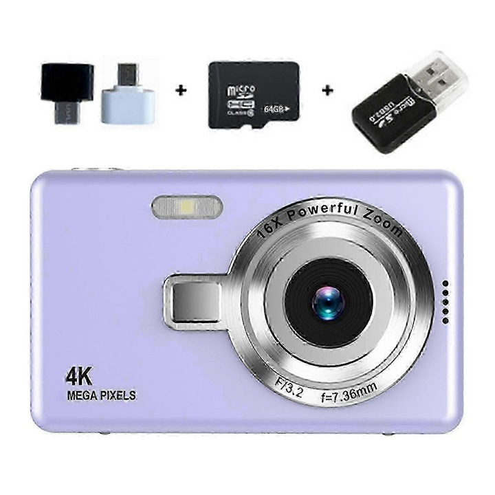 Компактна 4K цифрова камера, 16x увеличение, 2.4 инча екран, лилава, 64G
