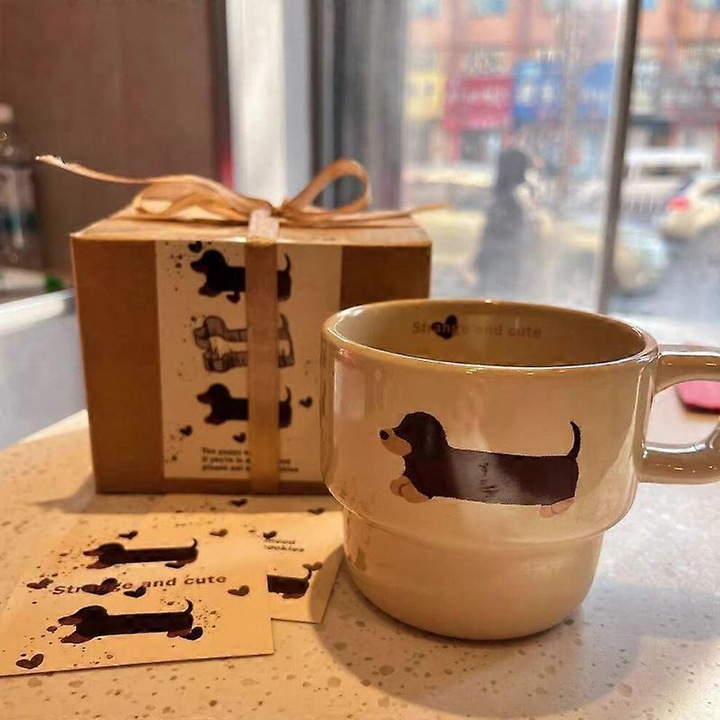 Cana ceramica, model Dachshund, capacitate 280ml, alb, 8x8.5cm