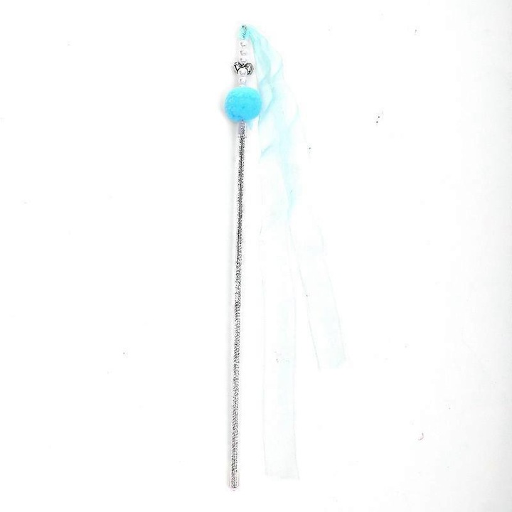 Jucarie pentru pisici, baston lung cu clopotel, pompon si pene, albastru, cod FG123K0225-260803-2691