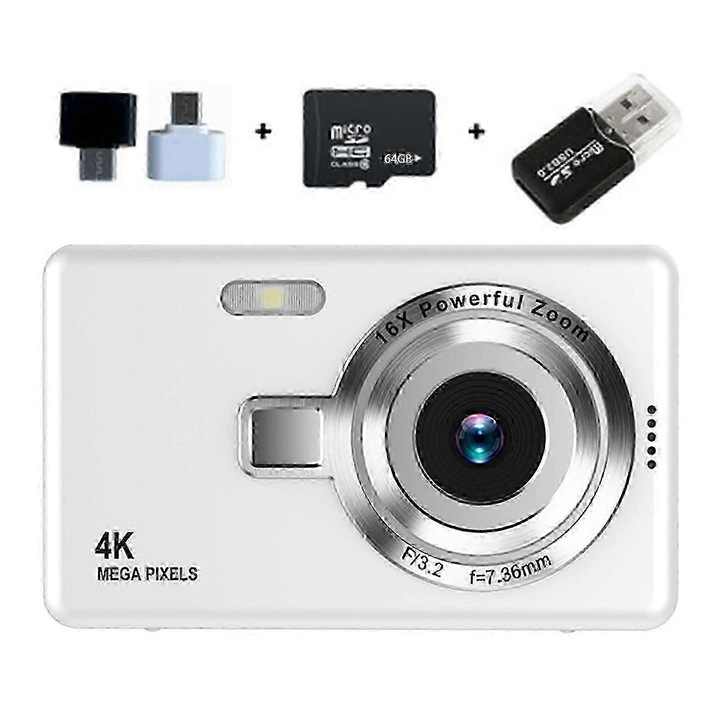 Компактна 4K цифрова камера, 16x увеличение, бяла, 2.4 инча, 64G памет