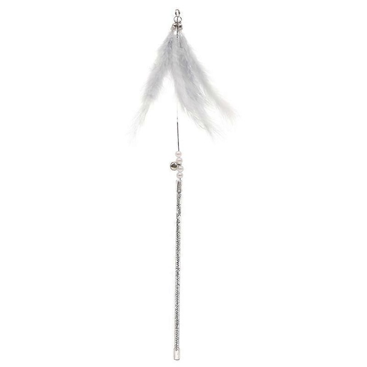 Jucarie pentru pisici undita cu pene si clopotel, margele decorative, alb/gri