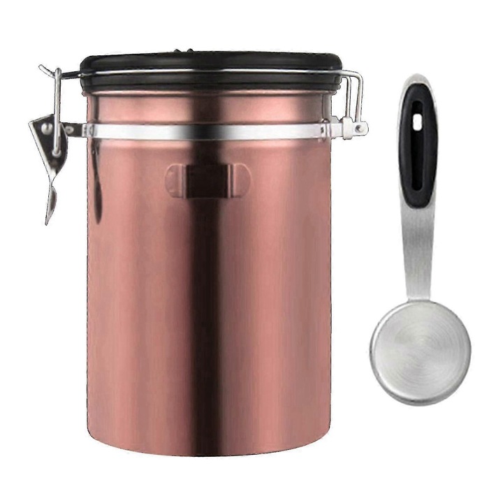Recipient vidat pentru cafea, inox, 1800ml, auriu roz, cu capac si lingura