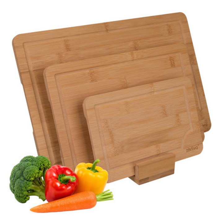 Set de 3 tocatoare de bucatarie din bambus, cu suport pentru depozitare, utilizare pe ambele fete, canale pentru scurgerea lichidelor, culoare bambus natur