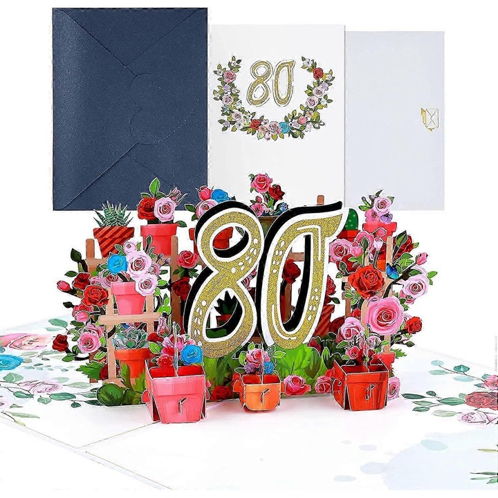 Felicitare 3D pop-up aniversare, design floral, albastru inchis, 80x50mm