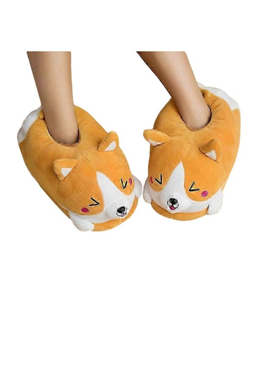 Papuci amuzanti unisex, cu animale Corgi, galben, incaltaminte de interior, One Size INTL