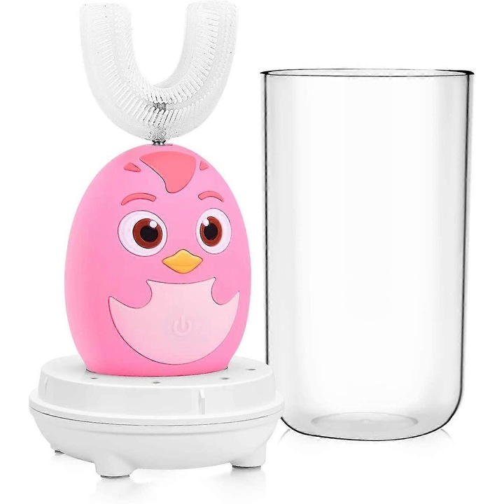 Periuta de dinti electrica copii, silicon, u-forma, roz, 2-6 ani, USB, 3 functii, IPX7, 45s, cu suport