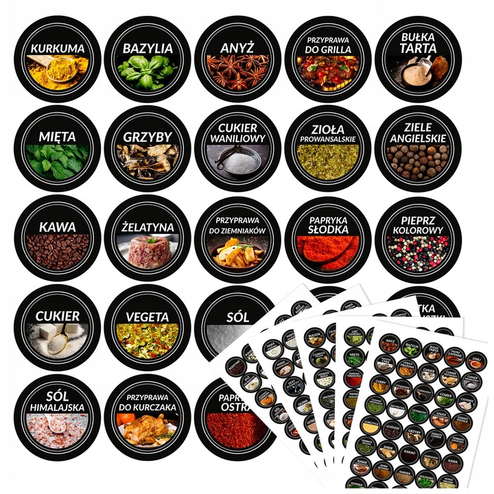 Fűszer címkekészlet, Superbutelki, 200 darab, fekete, 36 mm átmérő, tartós ragasztó, segít a rendszerezésben, fűszeres üvegekhez