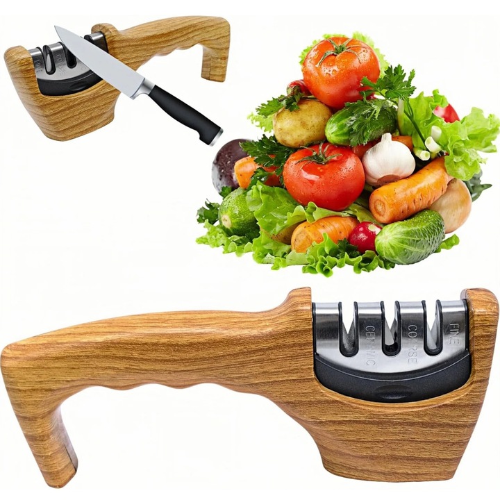 Ascutitor profesional de cutite, ascutitor manual profesional cu trei sectiuni, potrivit pentru debavurare, formare, ascutire grosiera, ascutire muchii, slefuire si lustruire, 20.5cm