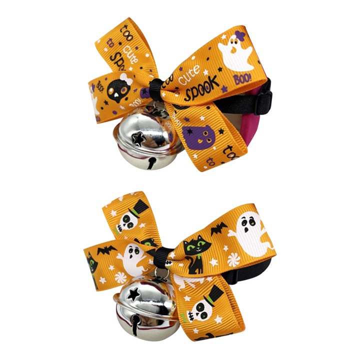 Pachet de 2 Zgarzi de Halloween pentru Pisici cu Papion Mobil, Zgarda de Siguranta cu Eliberare Rapida si Clopotei (Marime ajustabila de la 22-36cm)-Stil 1