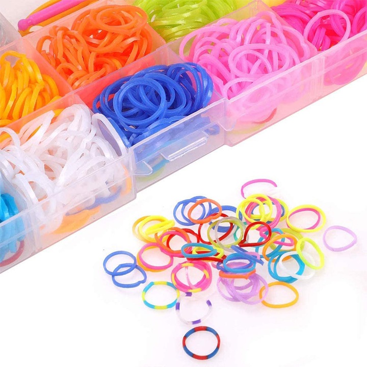 Set 600 benzi elastice multicolor pentru creatii DIY cu accesorii si cutie 27.5x18cm
