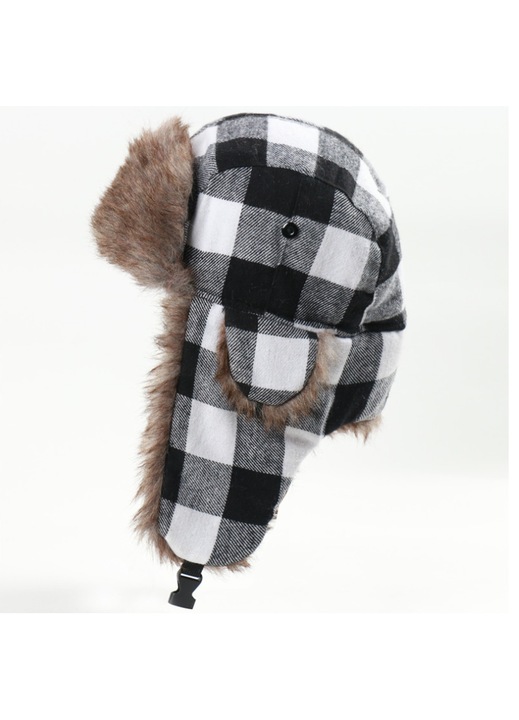 Caciula de iarna unisex, trapper, negru-alb, cu protectie pentru urechi
