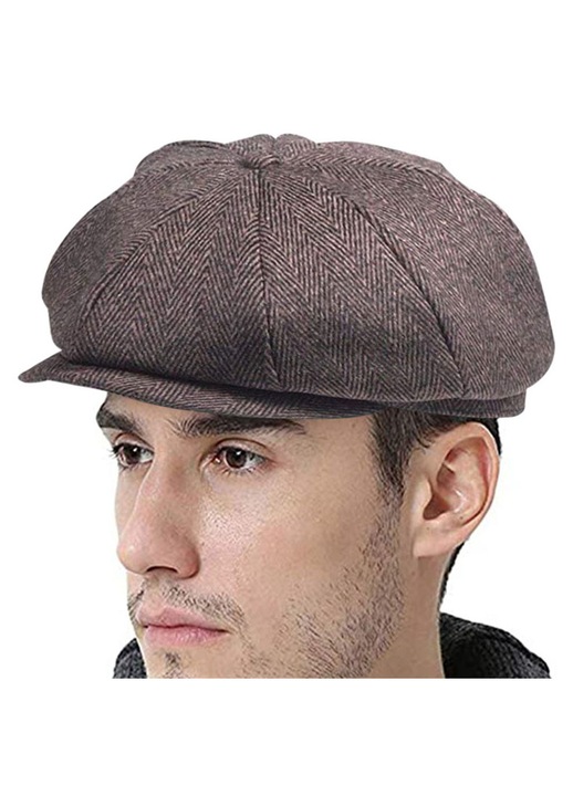 Sapca barbati vintage lana si viscoza, dungi si carouri, ajustabila, 57-61cm, maro si gri