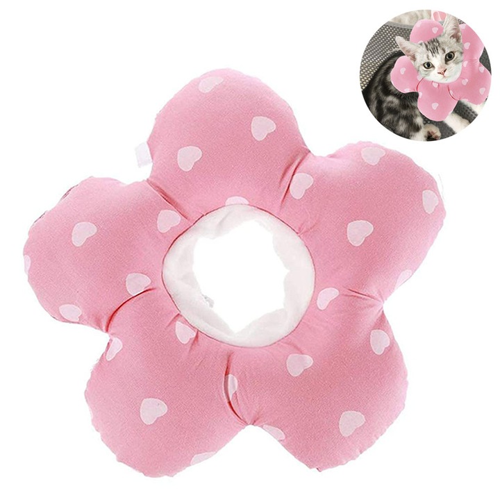 Guler reglabil pentru pisici, material bumbac, model floral roz, XS 10-18cm