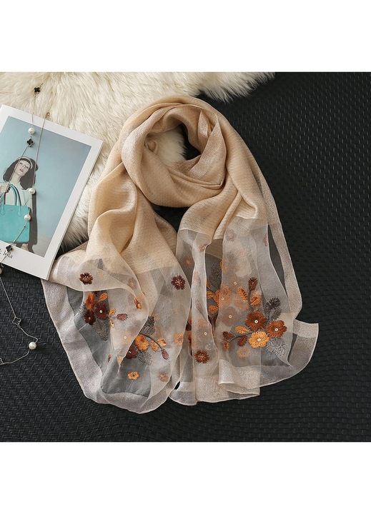 Esarfa dama, matase si acril, brodata floral, kaki, 190x70cm