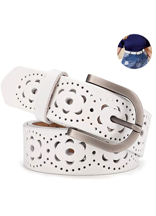 Curea din piele cu flori decupate pentru femei, pentru blugi, pantaloni, curea lata pentru doamne-Alb