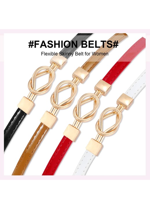 Set de 4 curele subtiri din piele pentru femei, reglabile, curele de moda pentru rochii, curele subtiri pentru talie pentru doamne si fete - Negru/Maro/Rosu/Alb