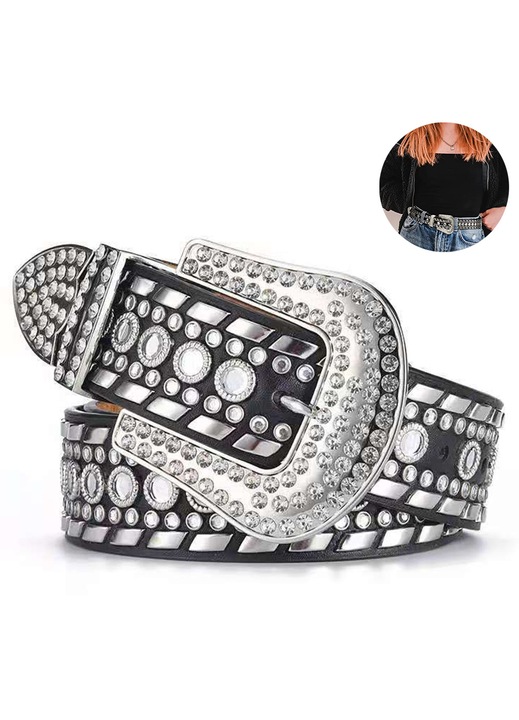Curea cu strasuri pentru femei, curea din piele cu tinte Bling stil Cowgirl pentru blugi pantaloni (Negru)