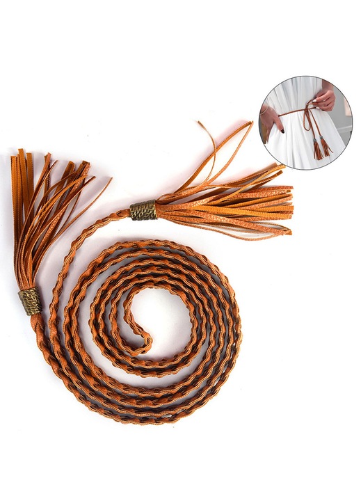 Curea de dama impletita pentru talie, subtire, tesuta, cu ciucuri, pentru rochie (Camel)