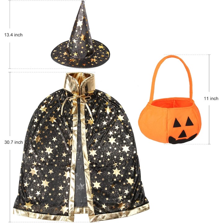 Costum Halloween pelerina si palarie vrajitoare copii multicolor 80cm