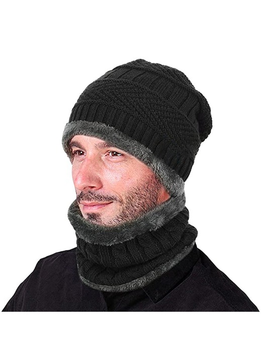 Set caciula si fular unisex, lana tricotata cu fleece, negru-cyan-gri inchis, marimi 58-62cm si 56-70cm