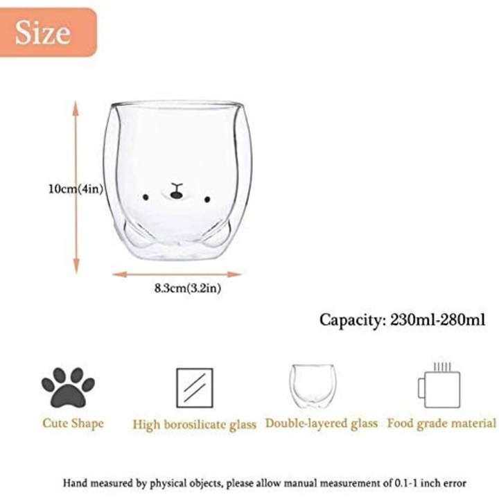 Cana sticla borosilicata dublu perete, design urs, 250ml