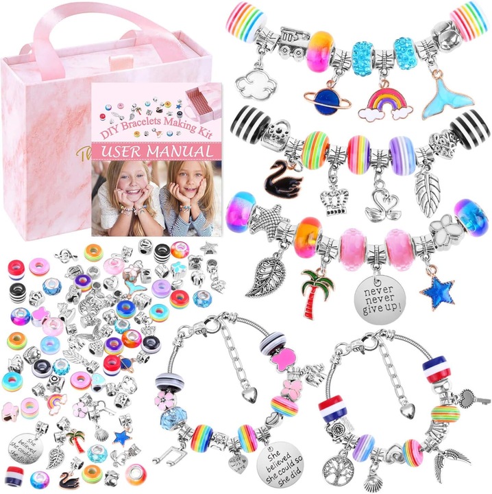 Set 85 piese bratari DIY cu margele si charmuri, multicolor, 5 bratari