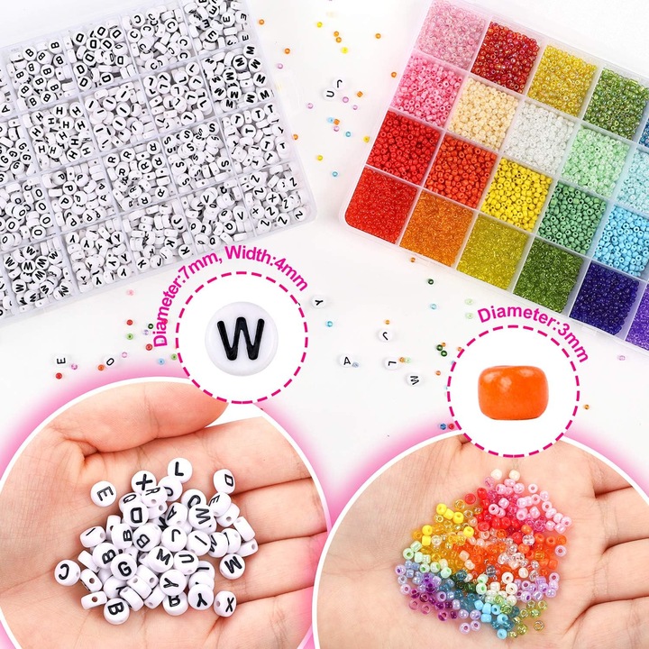 Set margele sticla multicolor 3mm si litere 4x7mm 12000pcs elastic