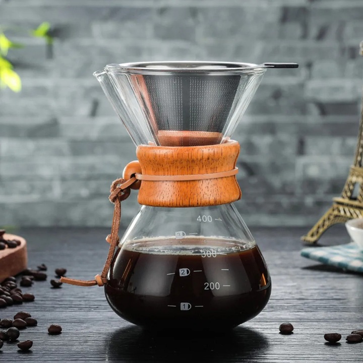 Filtru pour-over ZYBLSSBB LSM2XH6948-2021668-2, carafa din sticla cu banda de lemn, filtru reutilizabil din otel inoxidabil cu plasa, Multicolor, 400 ml