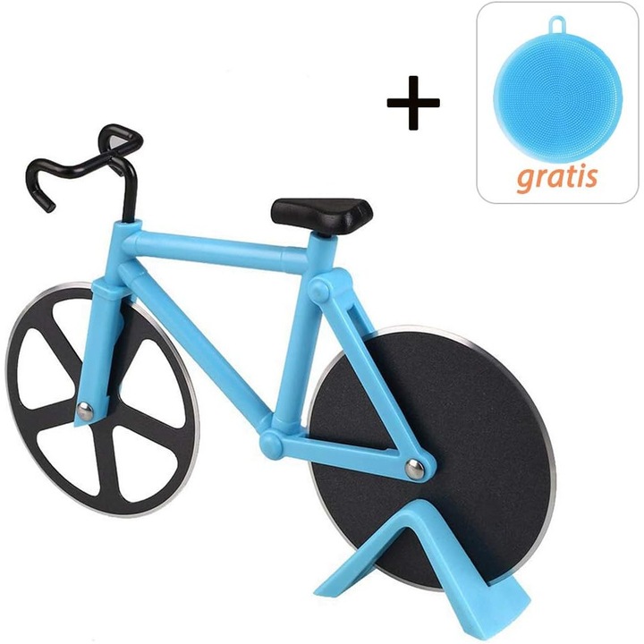 Feliator pizza bicicleta, otel inoxidabil, albastru, 7.5x11.5x18.5cm