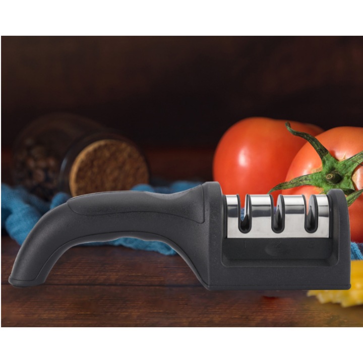 Ascutitor cu 3 trepte pentru cutite si foarfece, ABS, inox, negru