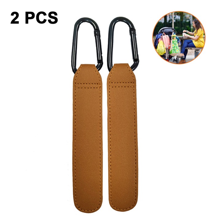 Carlige pentru carucior, piele PU si aluminiu, maro, 3x19cm, set 2 bucati