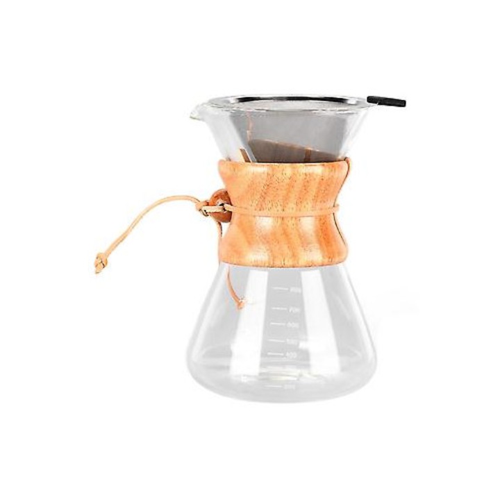 Cafetiera Borosilicata cu Filtru Inox si Capacitate 800ml, Lemn si Piele