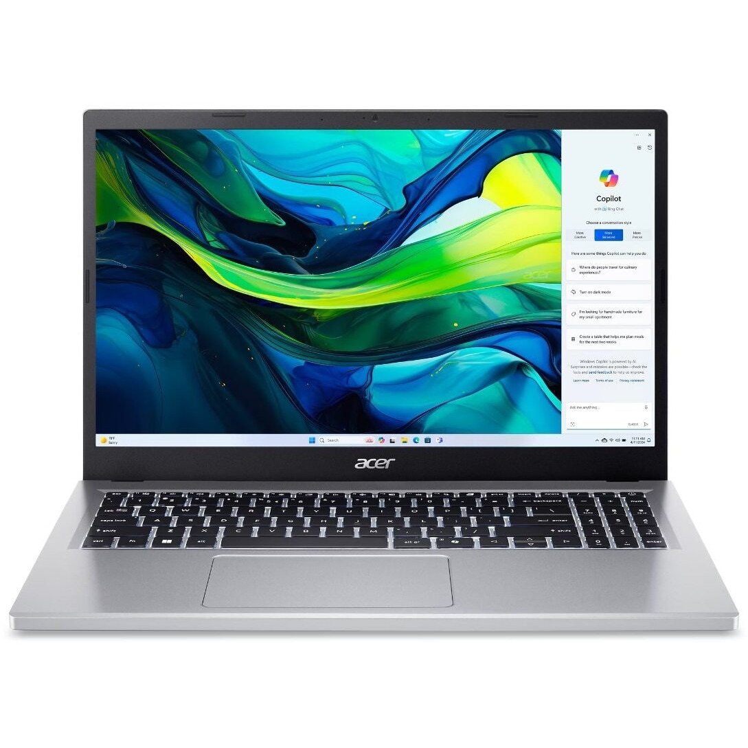 Laptop Acer Aspire Go 15, 15.6" Full HD, Intel® Core™ 3 N355 pana la 3.9 GHz, 8 GB RAM DDR5, 128 GB SSD, Intel® Graphics, Windows 11 Home, Pure Silver 128 GB