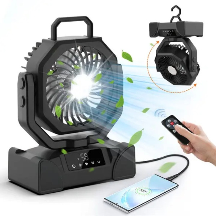 Ventilátor kemping hordozható 20000mAh, 5 sebességes, fekete, távirányítóval és LED-del, összecsukható, kampóval