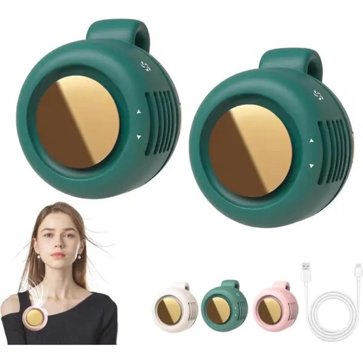 2 db mini csíptetős ventilátor szett, 3 sebességfokozat, zöld, 110g, USB, csendes, 360°-ban állítható, lapát nélküli