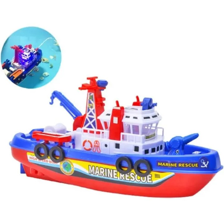 IZO-CJ-K0497-260708-5087 tűzoltó játékcsónak, automata vízköd, LED fények és hang, elemes, többszínű