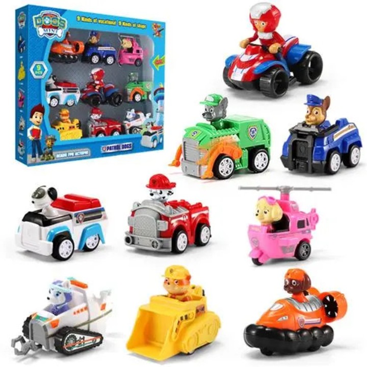Комплект играчки Paw Patrol с 9 превозни средства и фигури, многоцветен, 35x20x5 см