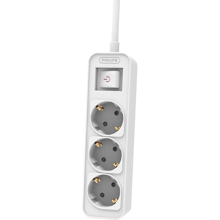 Prelungitor Philips CHP2134W-10, 3 prize schuko, 16A, alb, 1.5m