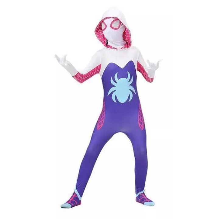 Костюм за косплей за деца Ghost Spider (Spider-Gwen/Gwen Stacy) гащеризон с качулка, лилав/бял, 7-8 години