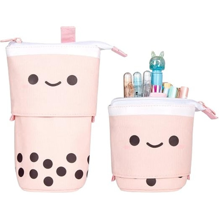 Penar cu fermoar, dragut, telescopic, tip pop-up Boba, pentru creioane, papetarie, husa pentru cosmetice, pentru scoala, elevi, birou, adolescenti, adulti, copii, fete si baieti (roz)