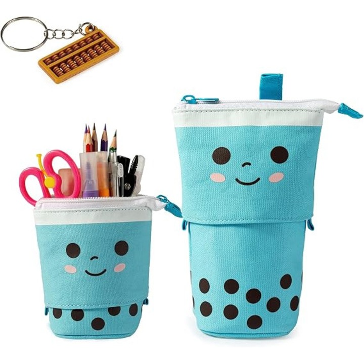 Penar dragut, penita telescopica in picioare, penita de birou, suport pentru geanta, organizator, cutie scolara, cutie de cosmetice pop-up, punga de machiaj pentru femei, studenti si adulti, cu breloc cadou (albastru)
