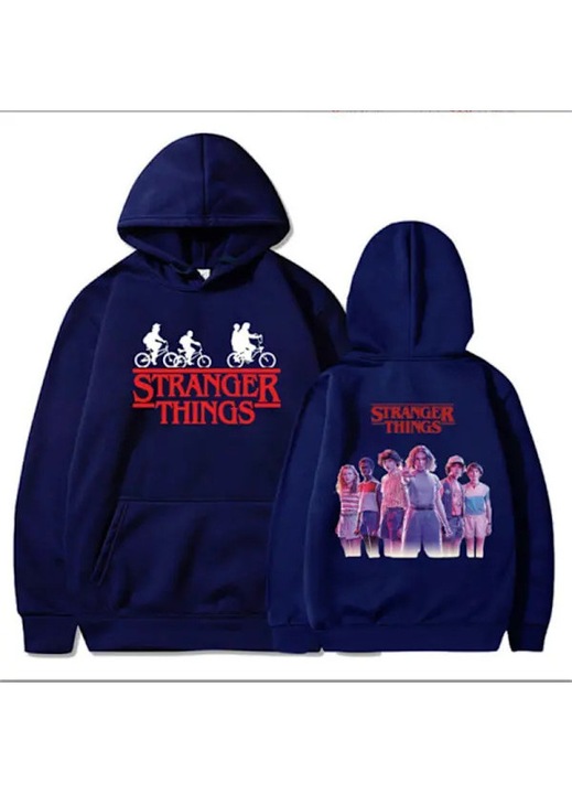 Детски суичър с качулка, принт Stranger Things, кенгуру джоб, тъмносин, PO-CJ-K0433-26-8-20-2641