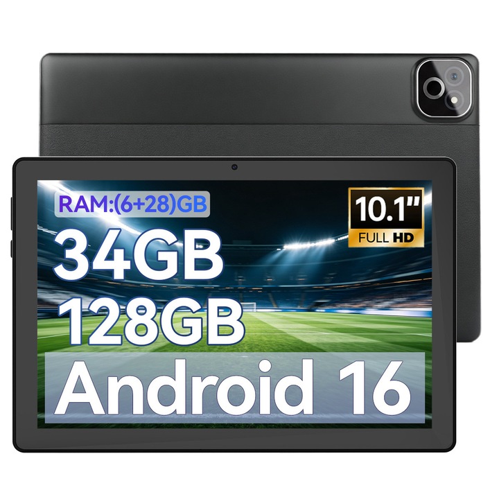 Tableta TT.KIDS X6 Android 16, ecran IPS 10,1 inchi 800×1280, RAM 34GB + stocare 128GB (extensibil pana la 1TB), baterie 6000mAh, camera frontala 5MP, camera posterioara 8MP autofocus, culoare neagra